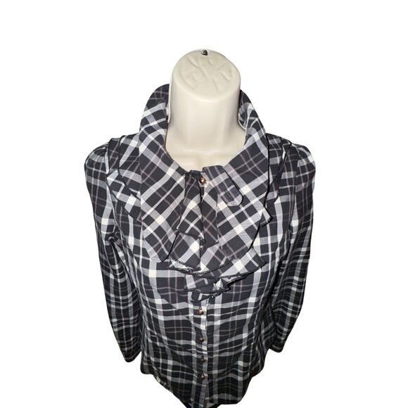 Ochirly Plaid Ruffled Blouse Small Black/White Western Prairie Cottage Preppie - Picture 5 of 12